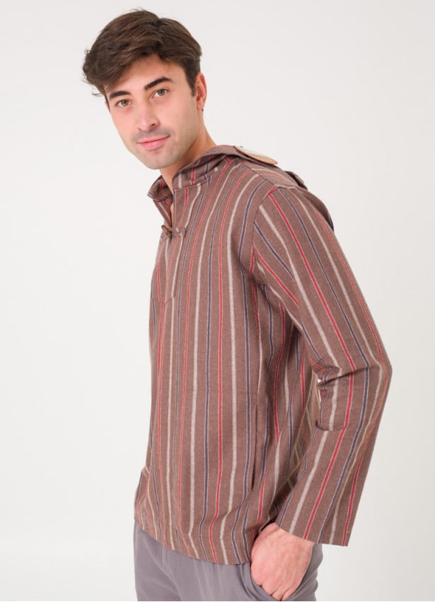 Shepherd Button Detailed Hooded Brown Striped Men's Shirt